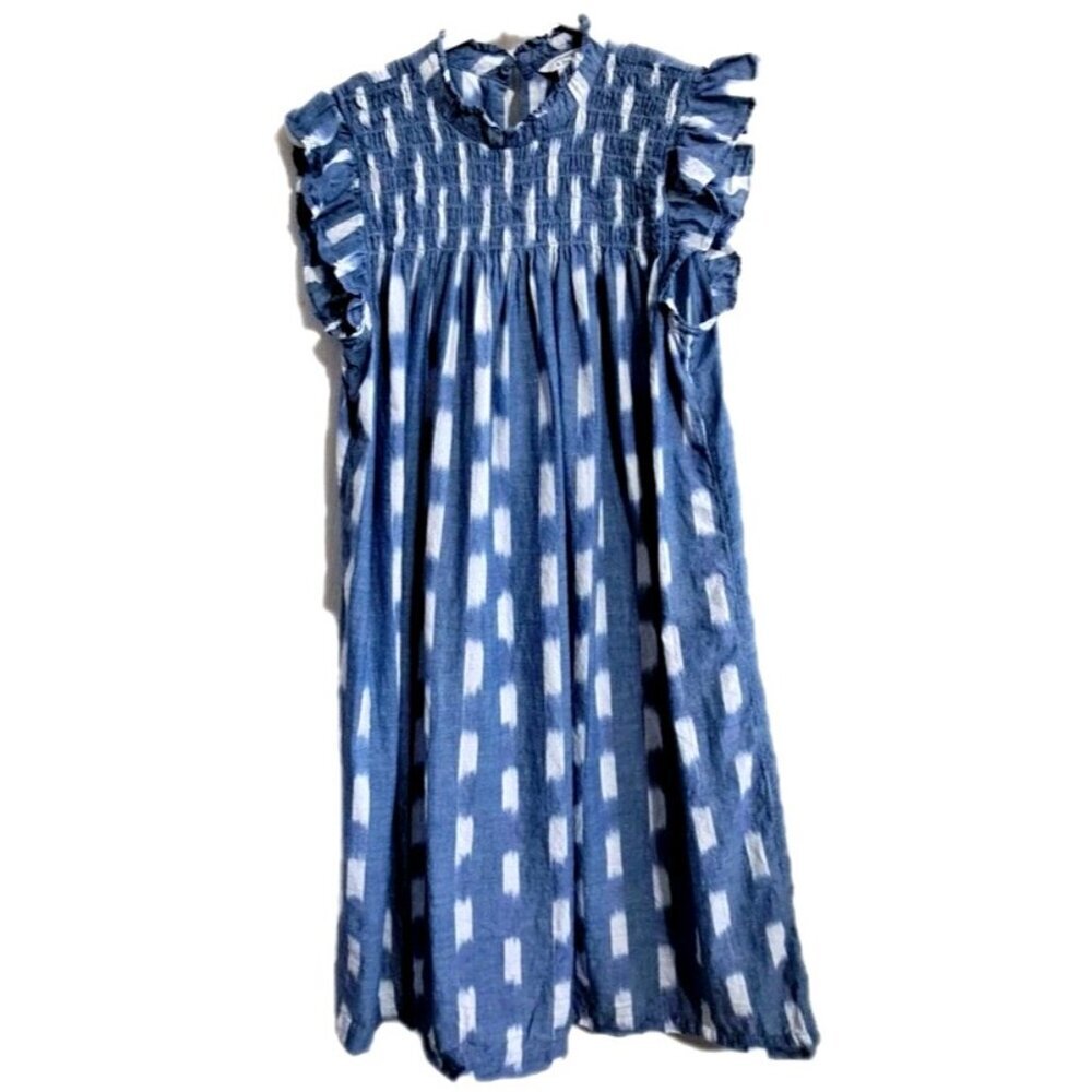 Crown & Ivy S Light Summer Cotton Dress Blue White Smocked Ruffled